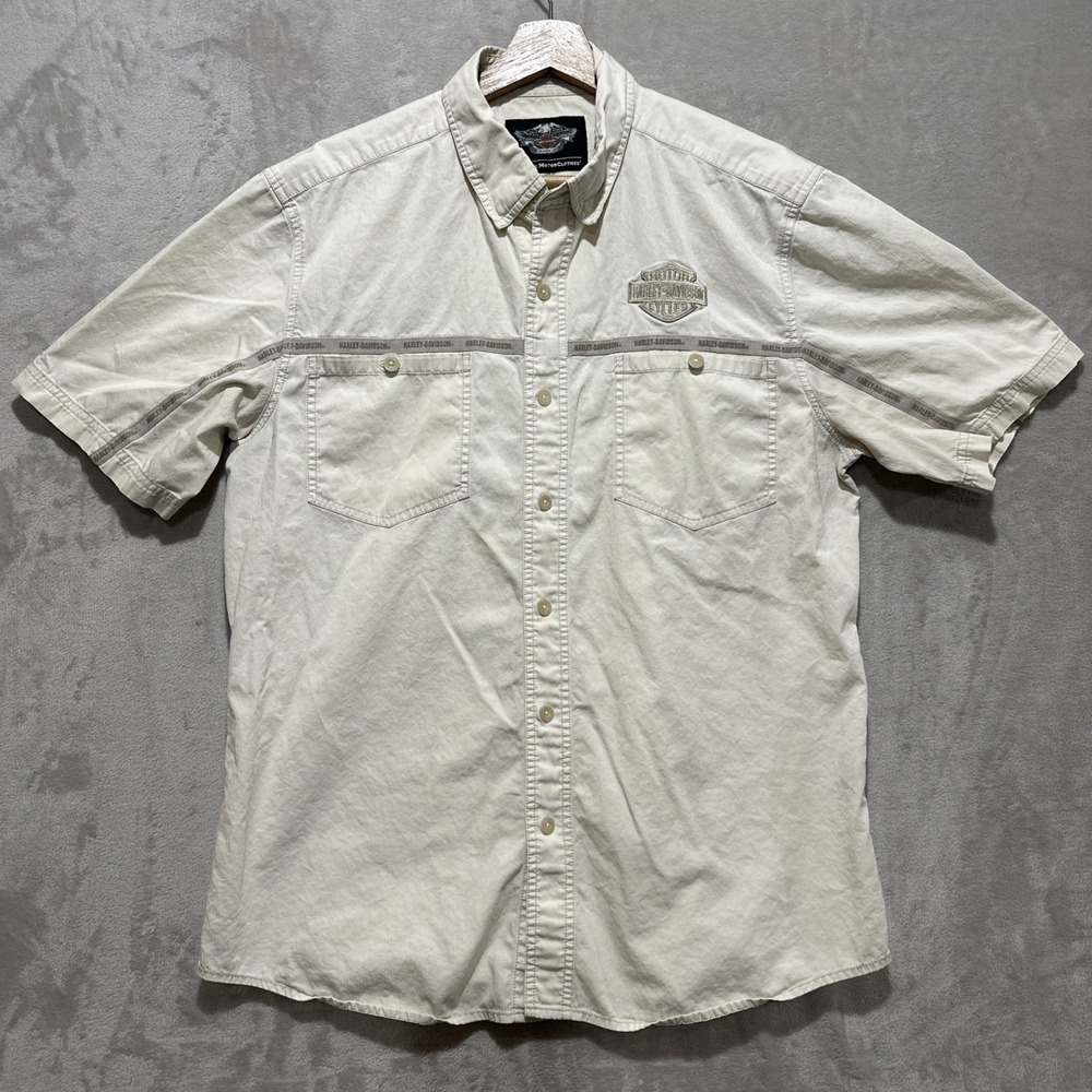 Harley Davidson Men's Khaki Short Sleeve Button Up Shirt Logo Print